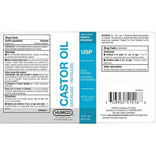 Humco - 51516001 Castor Oil, OT, USP, 16 oz.