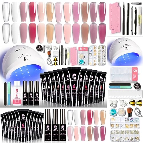 Clara Colors Poly Gel Nail Kit, 12 Colors Clear Jelly Nude Pink Poly Extension Gel Nail Kit with 48W UV Lamp All In One Polygel Nail Kit Starter Kit with Slip Solution and Tools for Nail Art DIY