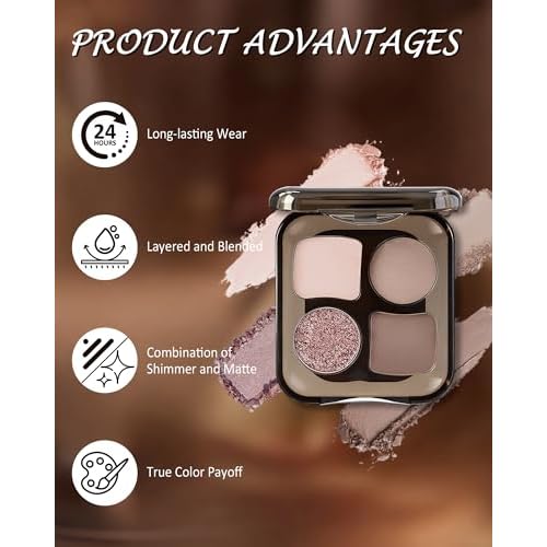 4 Colors Eyeshadow Palette, Matte & Shimmer Powder Makeup Palette, Highly Pigmented Blendable, Long Lasting Waterproof, Eye Shadow Palettes for Older Women, Neutral Shades Nude Beige and Brown-05