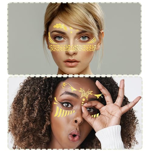Gold Temporary Tattoos for Women - Glitter Festival Face Stickers