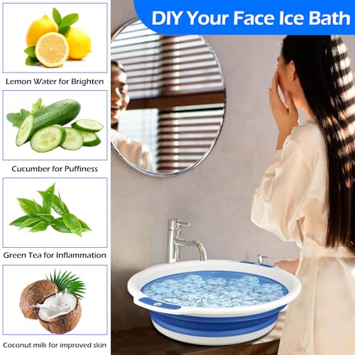 Facial Ice Bath Kit - Foldable Ice Bowl with Reusable Cubes for Cold Plunge (Blue)