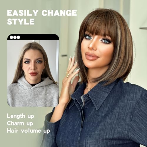 14-Inch Silver Ombre Bob Wig with Bangs - Heat Resistant Synthetic Hair