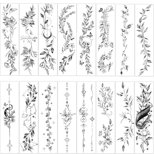 24 Black Flower Temporary Tattoos for Women - Waterproof