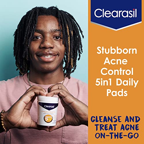 Clearasil Stubborn Acne Control 5in1 Daily Facial Cleansing Pads, with Salicylic Acid Acne Treatment Medicine, 90 Count (Pack of 2)