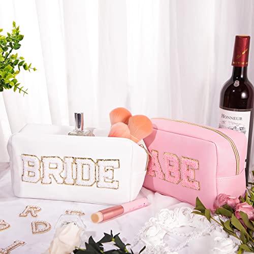 Mixweer 8 Pcs Bridesmaid Cosmetic Bags Bulk Bridesmaid Proposal Gift Embroidered Letter Patch Bride Bachelorette Makeup Bags Travel Pouch Wedding Party Favor for Bridal Shower(White and Pink)