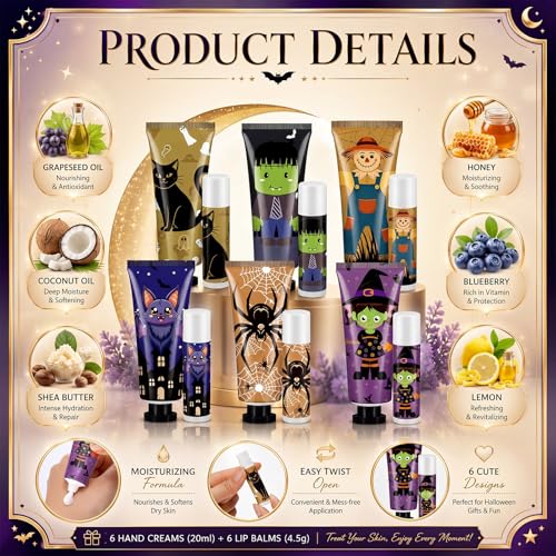 Dansib 24-Pack Halloween Hand Cream & Lip Balm Gift Set for Women - Fun Seasonal Scents