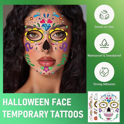 9 PCS Sugar Skull Day of the Dead Temporary Face Tattoos