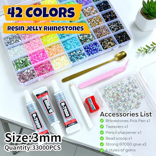 33000Pcs Bedazzling Kit, 42 Colors Rhinestones with B7000 Glue