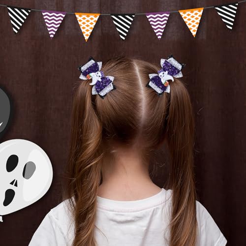 Halloween Ghost Hair Bow Clips Girls Cute Glitter Hair Clips 3 Layers Sparkly Hair Accessories for Halloween Party, Black & White & Purple