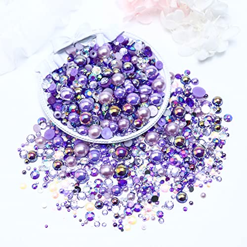 Towenm 60g Mix Pearls and Rhinestones, Flatback Rhinestones and Pearls for Crafts Tumblers Shoes Nails Face Art, 2mm-10mm Mixed Sizes Half Pearls and Rhinestones, Purples