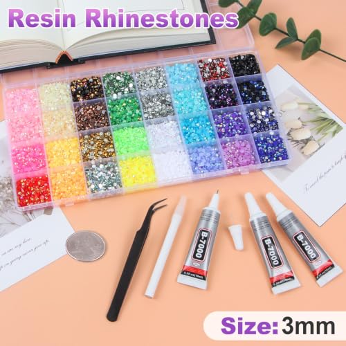32 Colors Jelly Resin Rhinestones Kit 3mm Flatback Gems with Jewelry Glue for Crafting & Bedazzling