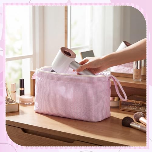 Huhumy Hair Tool Travel Bag - Pink Seersucker, Wide Opening