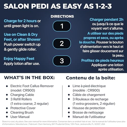 Own Harmony Electric Callus Remover - Rechargeable Foot File with 3 Rollers