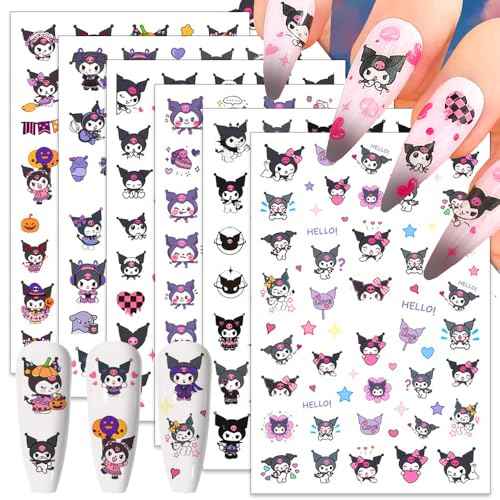 6 Sheets Cute Nail Stickers Decals Cartoon Nail Art Stickers 3D Self Adhesive Nail Design Stickers Black Purple Animal Nail Decals for Women Girls and Girls DIY Manicure Tips Cartoon Nail Decoration