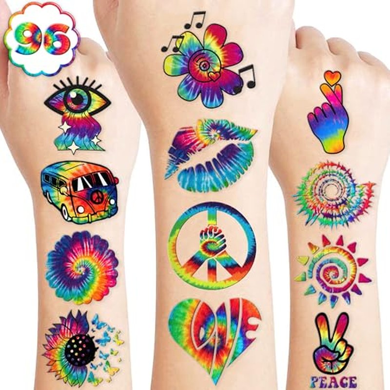 96 PCS Tie Dye 90s 80s Pre-Cut Temporary Tattoos for Kids | Super Cute Themed Birthday Party Favors, Supplies, Decorations, Colorful Fake Tattoo Stickers (multiple)