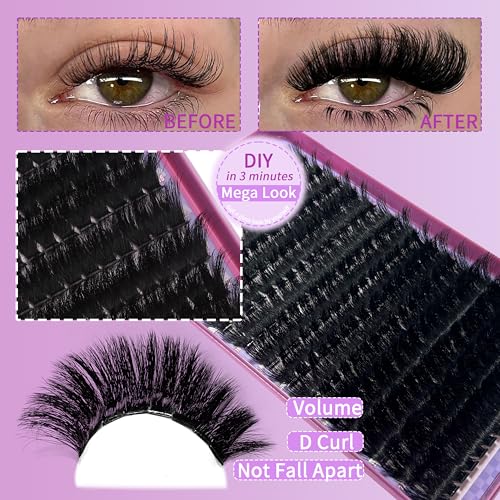 Lash Clusters 200D Long Lash Clusters Thick Volume Lashes Clusters 12-22mm Eyelash Clusters D Curly Cluster DIY at Home Wispy Individual Lashes for Beginners Eyelash Extension by FOINEMYED