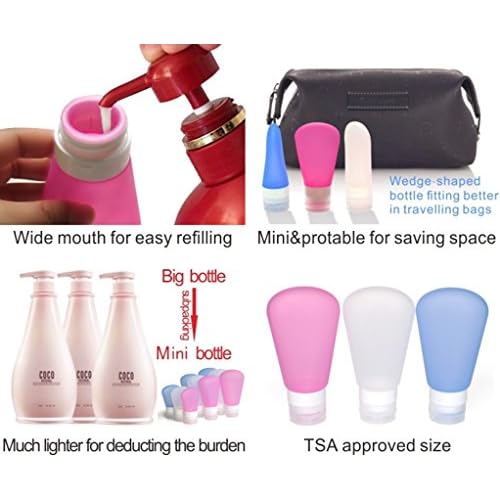 3 Pack Portable Food Grade Squeeze Silicone Liquid Travel Bottles For Shampoo, Conditioner, Lotion, Toiletries (3 OZ Pink + White + Blue)