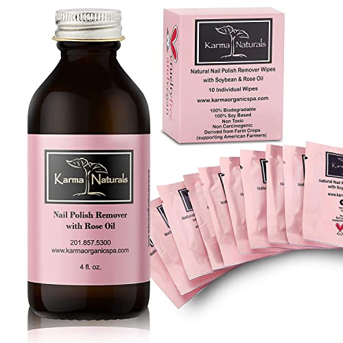 Karma Organic Nail Polish Remover & Nail Polish Remover Wipes Bundle ? Natural Rose Oil Nail Polish Remover (4FL-Oz) Rose Nail Polish Remover Wipes (Pack of 10)