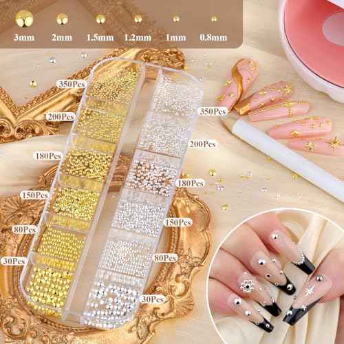 2640Pcs 3D Star Nail Charms, Gold & Silver Multi-Shapes Metallic Nail Art Gems and Small Round Caviar Beads, Craft Jewels Nail Rhinestones Accessories Manicure Decor with Tweezers and Pick-up Pencil