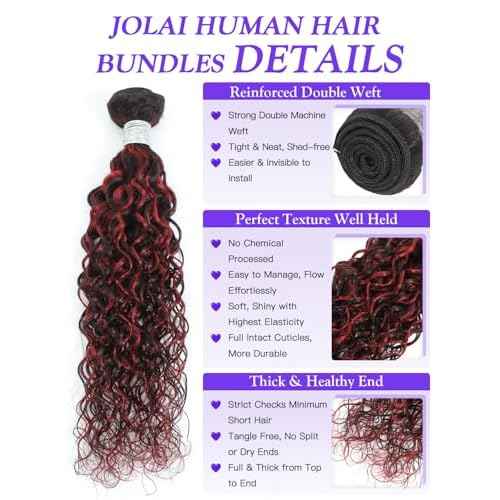 Water Wave 1B/Burgundy Red Human Hair Bundles 12 Inch, Wet and Wavy Ombre Burgundy Highlight Skunk Stripe Red Curly Bundles, Balayage Bundles Sew In Weave 12A 100% Brazilian Raw Virgin Hair, Single