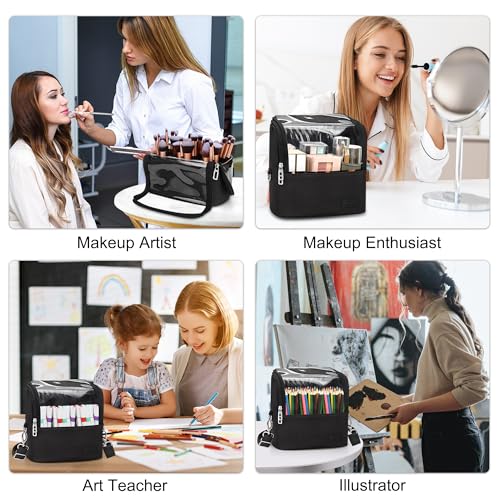 Makeup Brush Bag, Makeup Brush Holder Travel Stand-up Makeup Cup Large Makeup Brush Organizer Case Professional Cosmetic Bag Artist Storage Bag with Adjustable Divider (Large, Black)