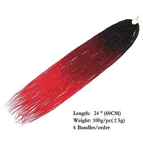 6Pack Senegalese Twist Crochet Hair 3 Tone Ombre Red Box Braids Synthetic Hair Extensions 30Roots/Pack Small Havana Twist Crochet Hair 24inch(1B/Dark Red/Red, 600g/Lot)