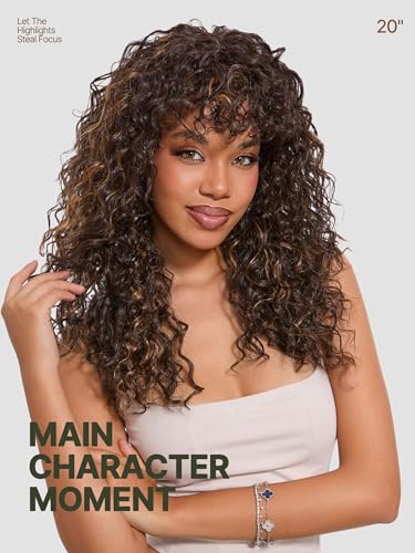 Frodio Bouncy Curly Wig with Bangs – 20 Inch Brown Glueless Headband Wig for Women