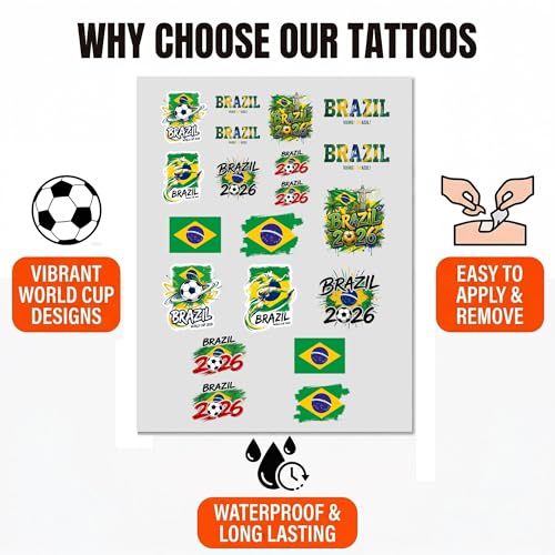 Brazil World Cup 2026 Tattoos 22-Piece Set | Temporary Soccer Party Favors