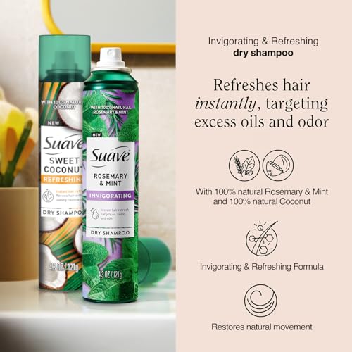 Suave Dry Shampoo Spray Variety 2-Pack ? Invigorating Rosemary & Mint, Refreshing Sweet Coconut, 4.3 Oz Ea
