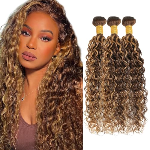 P427 Water Wave Human Hair Bundles 18-22" Brown Honey Blonde