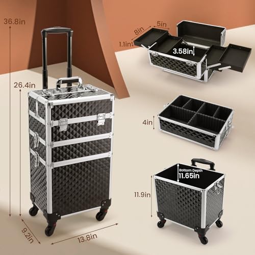 Frenessa 3-in-1 Vintage Black Rolling Makeup Case with Detachable Compartments