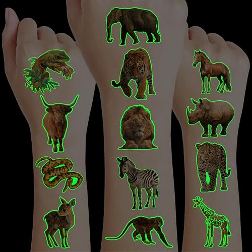 96 Glow in Dark Jungle Animal Temporary Tattoos Party Favors