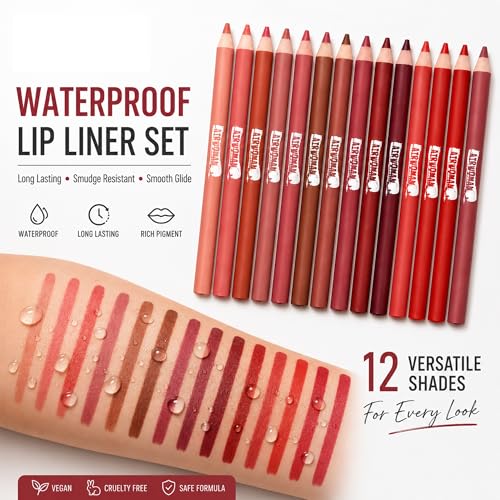 12-Color Waterproof Lip Liner Pencil Set, Matte Long-Lasting