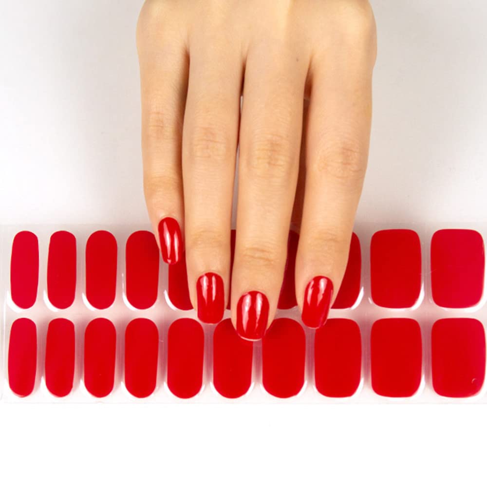 ACROIN Semi Cured Gel Nail Strips Nail Wraps 20 Stickers Need Cured, Salon-Quality, Long Lasting, Easy to Apply & Remove, Includes Cleaning Pad, Nail File, Wooden Stick - Red