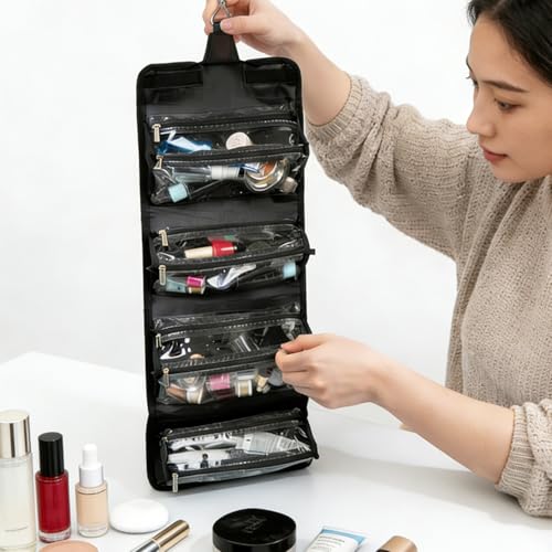 ROYALFAIR Black Roll Up Makeup & Toiletry Bag with 4 TSA Pouches - Travel Organizer for Men & Women