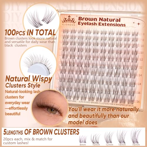 Brown Lash Clusters Natural Eyelash Clusters Wispy Individual Lash Extensions Brown Eyelash Extensions with Clear Bands Short DIY Eyelash Extensions at Home 100Pcs 8mm-16mm