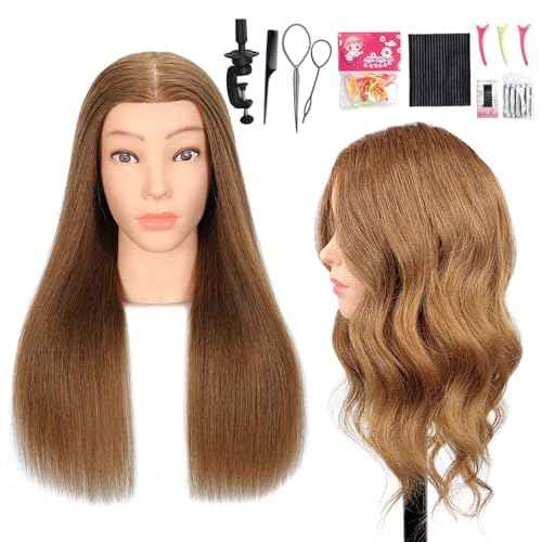 Mannequin Head Human Hair, 100% Real Hair Cosmetology Manikin Head for Practice Braiding Hairstyling Cutting with Free Clamp Holder and Tools (100% Light Brown)