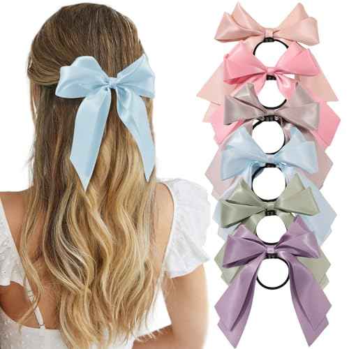 Yougeigy 6PCS Bow Hair Ties, Satin Hair Ribbon, Ribbon Hair Bows for Women Girls, Elastics Hair Scrunchies for Thick Thin Hair, Multicolor Hair Accessories