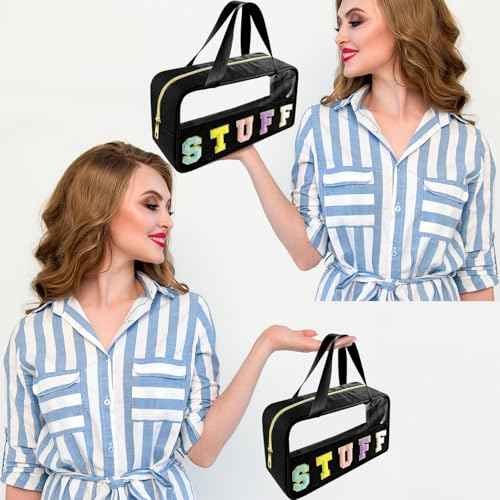 Chenille Letter Clear Makeup Bag Stuff Patch, Travel Toiletry Makeup Bag with Handle, Nylon Waterproof Makeup Bags clear cosmetic bag, preppy patch makeup bag for Women (STUFF-Black)