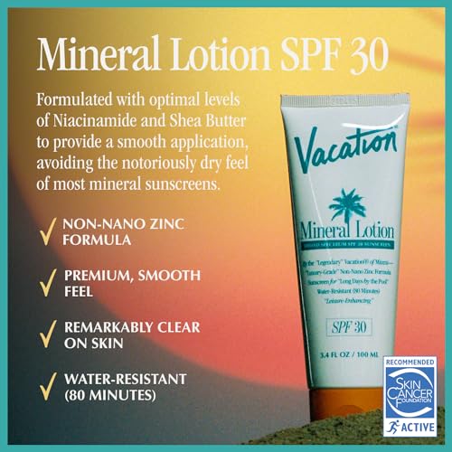 Vacation Mineral Lotion Sunscreen SPF 30 + Air Freshener Bundle, Premium Zinc Sunscreen For Sensitive Skin, Hydrating + Lightweight Mineral Based Sunscreen, Dermatologist Tested, 3.4 fl. Oz.