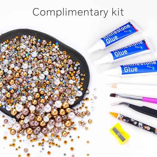 60g Champagne Gold Flatback Rhinestones Half Pearls for Crafting, Mixed Size 3mm-10mm Resin Rhinestones for Bedazzling, Small Pearls for DIY Tumblers Mugs Nail Art Shoes Clothes with Glue