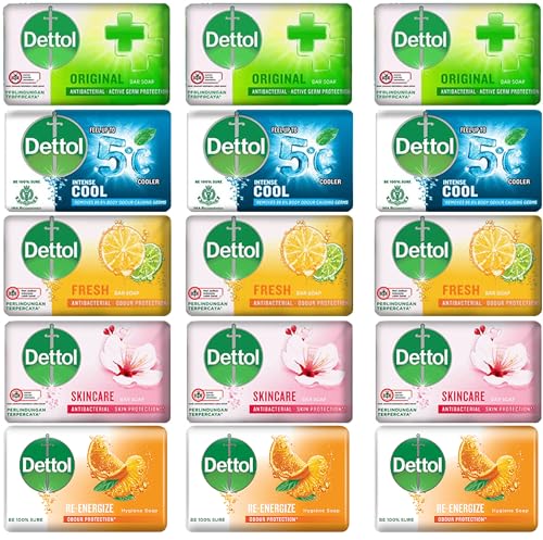 Peaceful Squirrel Dettol Anti-Bacterial Hand and Body Soap, Variety 15-Pack, 5 Scents, Original, Skincare, Fresh, Cool, Re-energize 100g Each - Packaged