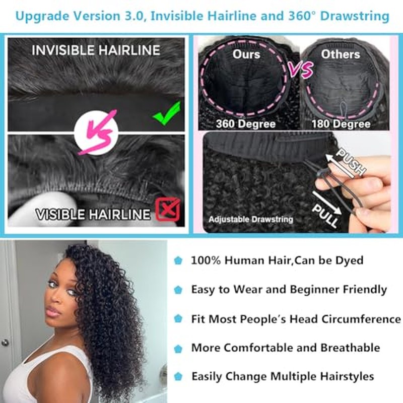 24" Water Wave Half Wig Human Hair 200% Density Glueless