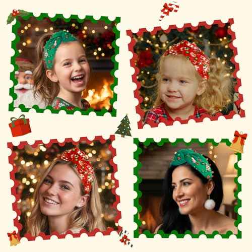 MOSOTECH Christmas Headbands for Women, Candy Cane Crystal Pearl Top Knotted Holiday Headbands, Christmas Outfits Costume Xmas Headpiece Hair Accessories, Ugly Sweater Party Favors Gifts (Red)