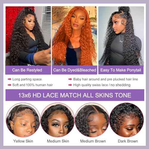 30 Inch 13x6 Deep Wave Lace Front Wigs Human Hair True 200 Density Pre Plucked Deep Wave Wig Human Hair 12A Glueless Wet and Wavy Curly Lace Frontal Wigs For Women Natural Black Color