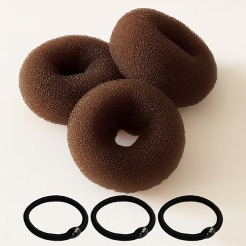 Brown Hair Bun Maker Set - 3 Medium Donuts & Elastic Bands for Kids & Women