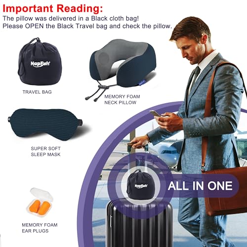 napfun Neck Pillow for Traveling, Upgraded Travel Neck Pillow for Airplane 100% Pure Memory Foam Travel Pillow for Flight Headrest Sleep, Portable Plane Accessories, Deep Blue Set, Medium (120-200LB)