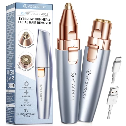 VG VOGCREST Sky Blue 2-in-1 Facial & Eyebrow Trimmer, Painless USB Rechargeable with LED Light