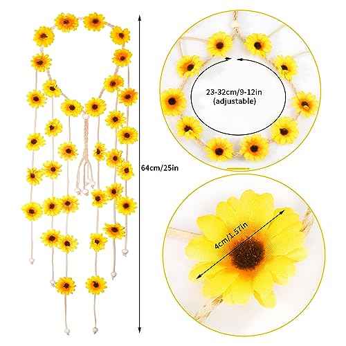 Sucrain 2pcs Flower Hippie Headband Floral Crown Summer Sunflower Hair Accessories for 70 s Bohemian Costumes Style (Yellow+Colorful)