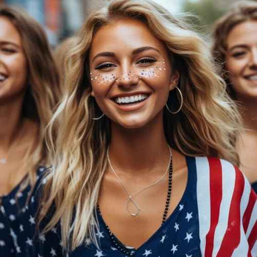 Mysense Red White and Blue Glitter Freckles Face Tattoo,4th of July Temporary Tattoos,4th of July Outfit Accessories for Women Kids,Patriotic USA Flag Star Freckle Stickers for Independence Day,6Pcs